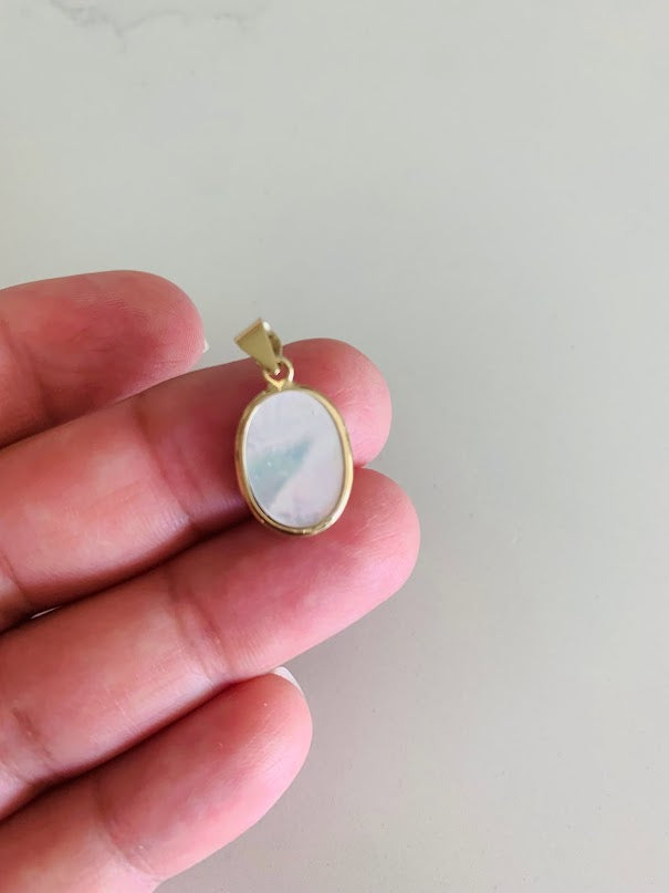 15MM 14K Oval Gold Virgin of Miracles with Mother Pearl | Yellow Gold Pendant | Catholic Pendant | 14K Gold Pendant