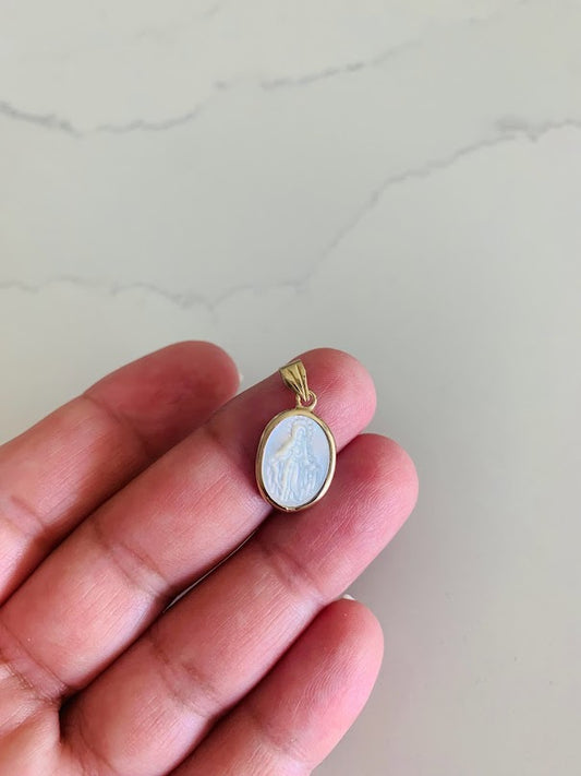15MM 14K Oval Gold Virgin of Miracles with Mother Pearl | Yellow Gold Pendant | Catholic Pendant | 14K Gold Pendant