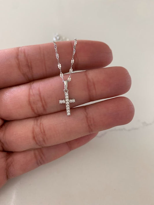 14K White Gold Cross on DC Mirror Chain, 1.7mm Twisted Diamond Cut Mirror Chain, Shiny Dual Mirror, Cubic Zirconia 14K White Gold Cross