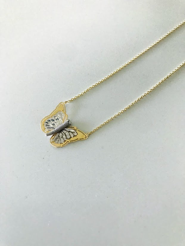 14k Yellow Gold and White Gold Butterfly Necklace 17", Dainty Butterfly Chain, Layering Necklace, Butterfly Chain