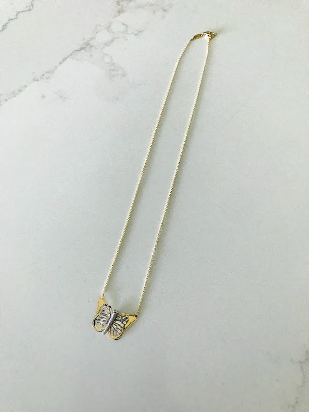 14k Yellow Gold and White Gold Butterfly Necklace 17", Dainty Butterfly Chain, Layering Necklace, Butterfly Chain