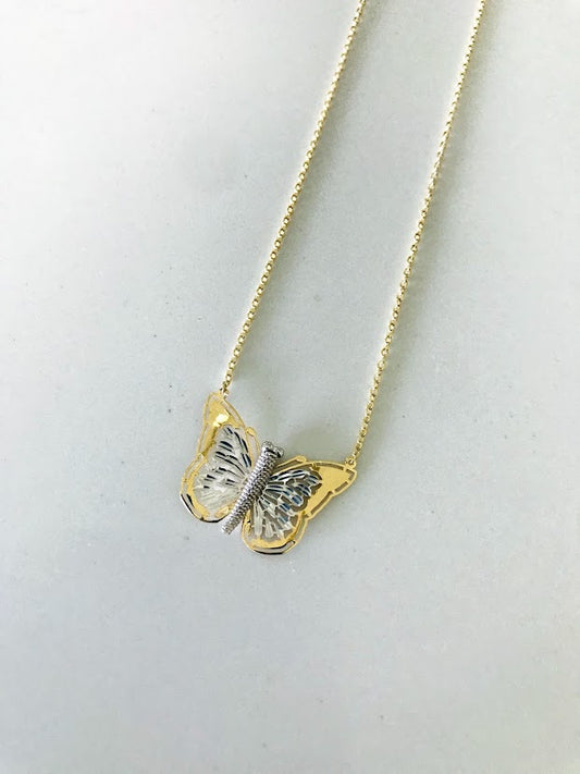 14k Yellow Gold and White Gold Butterfly Necklace 17", Dainty Butterfly Chain, Layering Necklace, Butterfly Chain