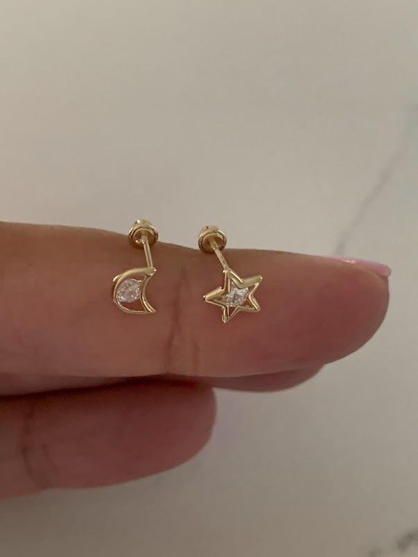 14K Yellow Gold Moon & Star CZ Stud Earrings, Star Earrings, Starburst Yellow Gold Studs, 14K Yellow Gold Earrings, Moon Earrings