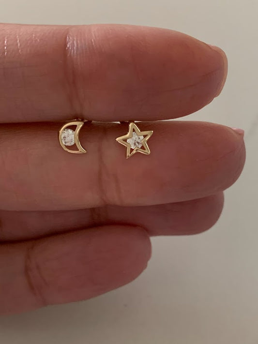 14K Yellow Gold Moon & Star CZ Stud Earrings, Star Earrings, Starburst Yellow Gold Studs, 14K Yellow Gold Earrings, Moon Earrings