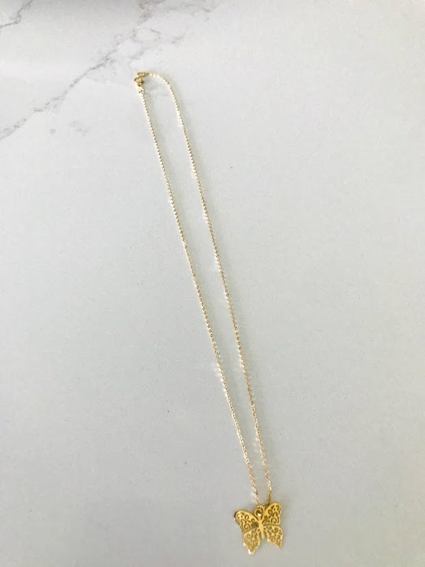 18k Yellow Gold Butterfly Necklace 16", Dainty Butterfly Chain, Layering Necklace, Butterfly Chain