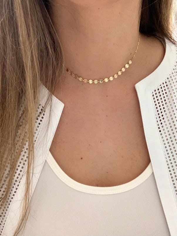 14k Solid Gold Adjustable Disc Choker Necklace, Dainty Necklace, Layering Necklace, 16"/18" Necklace