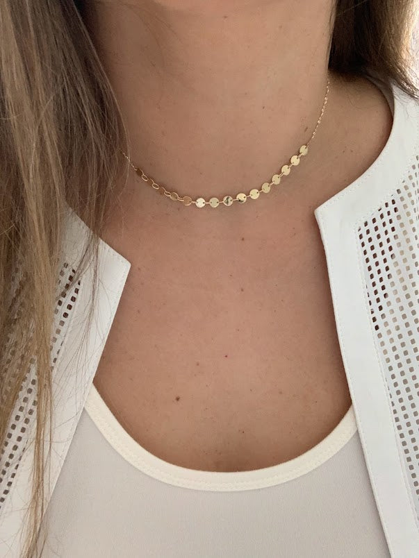 14k Solid Gold Adjustable Disc Choker Necklace, Dainty Necklace, Layering Necklace, 16"/18" Necklace