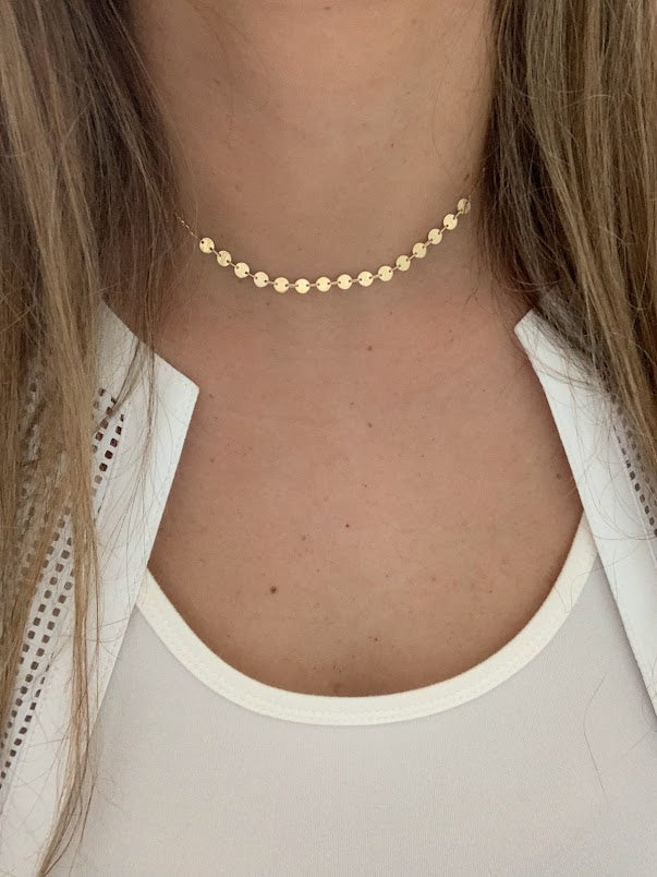 14k Solid Gold Adjustable Disc Choker Necklace, Dainty Necklace, Layering Necklace, 16"/18" Necklace