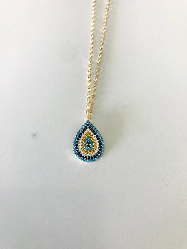 14K Gold Evil Eye Necklace with Dark Blue, Baby Blue, Yellow and Clear Zirconia