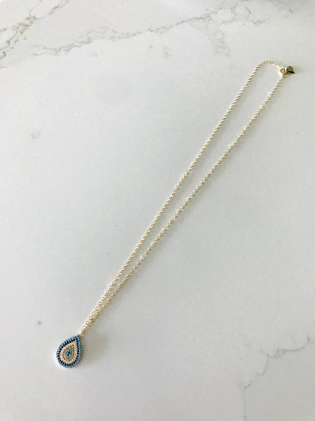 14K Gold Evil Eye Necklace with Dark Blue, Baby Blue, Yellow and Clear Zirconia