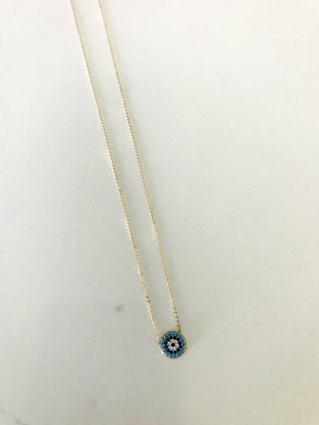 14K Gold Round Evil Eye Necklace with Dark Blue, Baby Blue, Yellow and Clear Zirconia