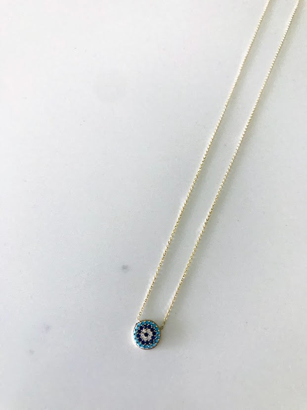 14K Gold Round Evil Eye Necklace with Dark Blue, Baby Blue, Yellow and Clear Zirconia