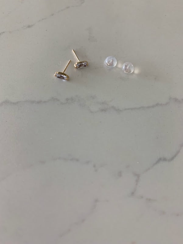 14K Solid Gold Baguette Cubic CZ Earrings, Baguette Studs, Push Back Studs, Beautiful and Elegant Dainty Earrings