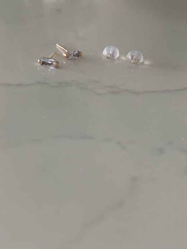 14K Solid Gold Baguette Cubic CZ Earrings, Baguette Studs, Push Back Studs, Beautiful and Elegant Dainty Earrings