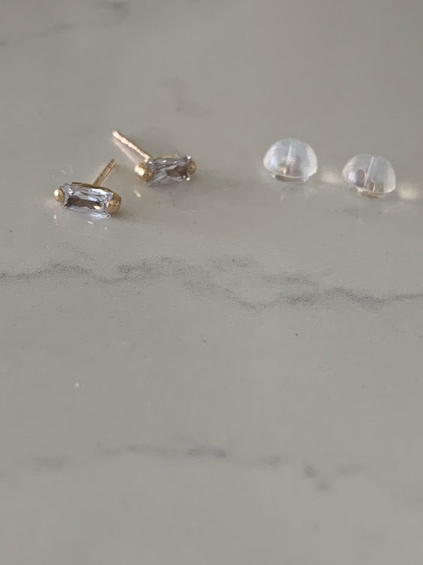 14K Solid Gold Baguette Cubic CZ Earrings, Baguette Studs, Push Back Studs, Beautiful and Elegant Dainty Earrings
