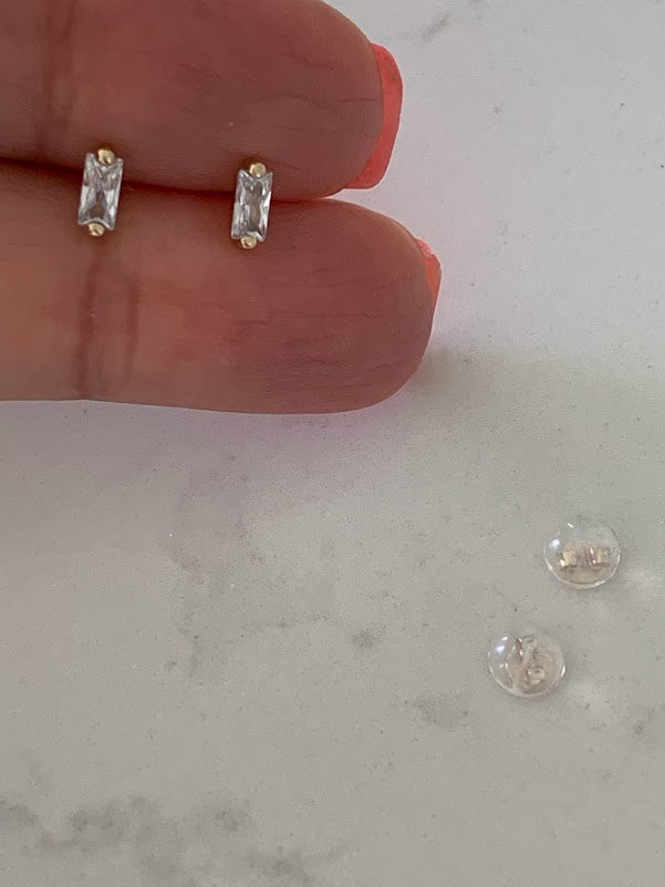 14K Solid Gold Baguette Cubic CZ Earrings, Baguette Studs, Push Back Studs, Beautiful and Elegant Dainty Earrings