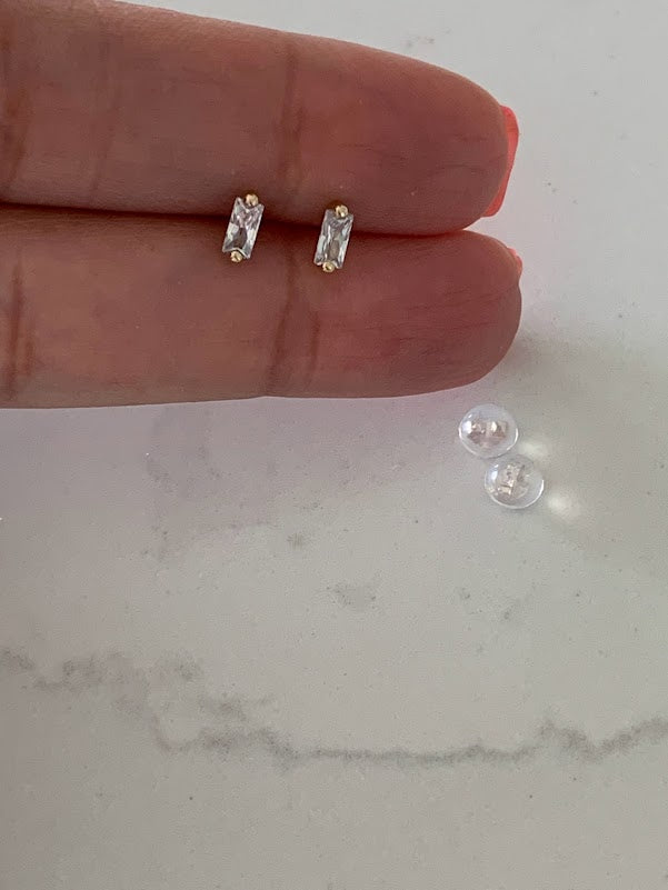 14K Solid Gold Baguette Cubic CZ Earrings, Baguette Studs, Push Back Studs, Beautiful and Elegant Dainty Earrings