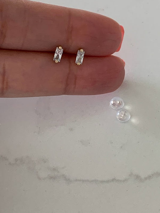 14K Solid Gold Baguette Cubic CZ Earrings, Baguette Studs, Push Back Studs, Beautiful and Elegant Dainty Earrings