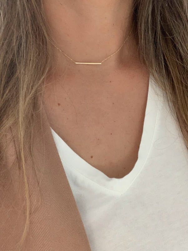 14K Gold Straight Thin Bar Necklace | 14K Gold Bar Necklace  | Layering Gold Chain | SOLID GOLD