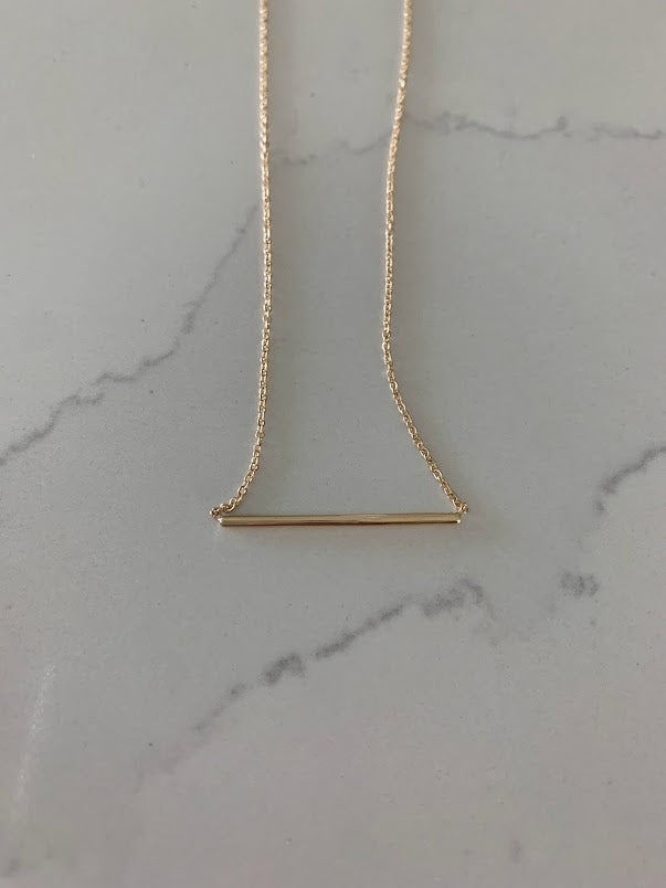 14K Gold Straight Thin Bar Necklace | 14K Gold Bar Necklace  | Layering Gold Chain | SOLID GOLD