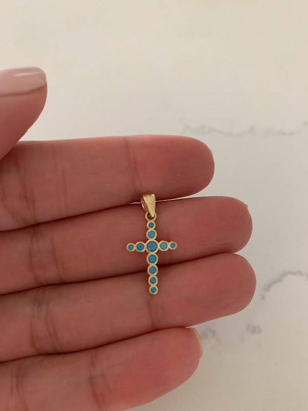 14K Solid Gold Cross with Turquoises | Yellow Gold Cross | Catholic Pendant | 14K Solid Gold Cross Christian Pendant | Cross Pendant
