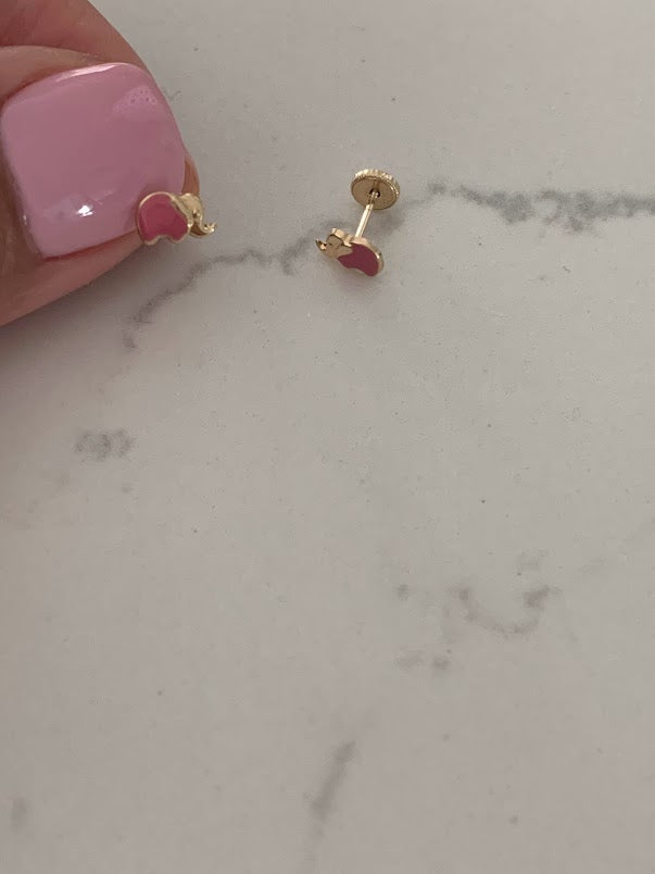 14K Pink Enamel Elephant Earrings, Dainty Earrings, Women Earrings, Kids Earrings, Solid Gold Elephant, Pink Elephants, Gold Earrings