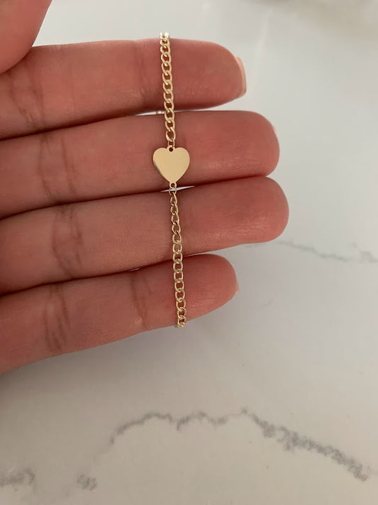 14K Gold Cuban Curb Bracelet with Flat Heart • Link Bracelet  • Cuban Link Bracelet with Heart • Cuban Link • 14K Gold Bracelet •