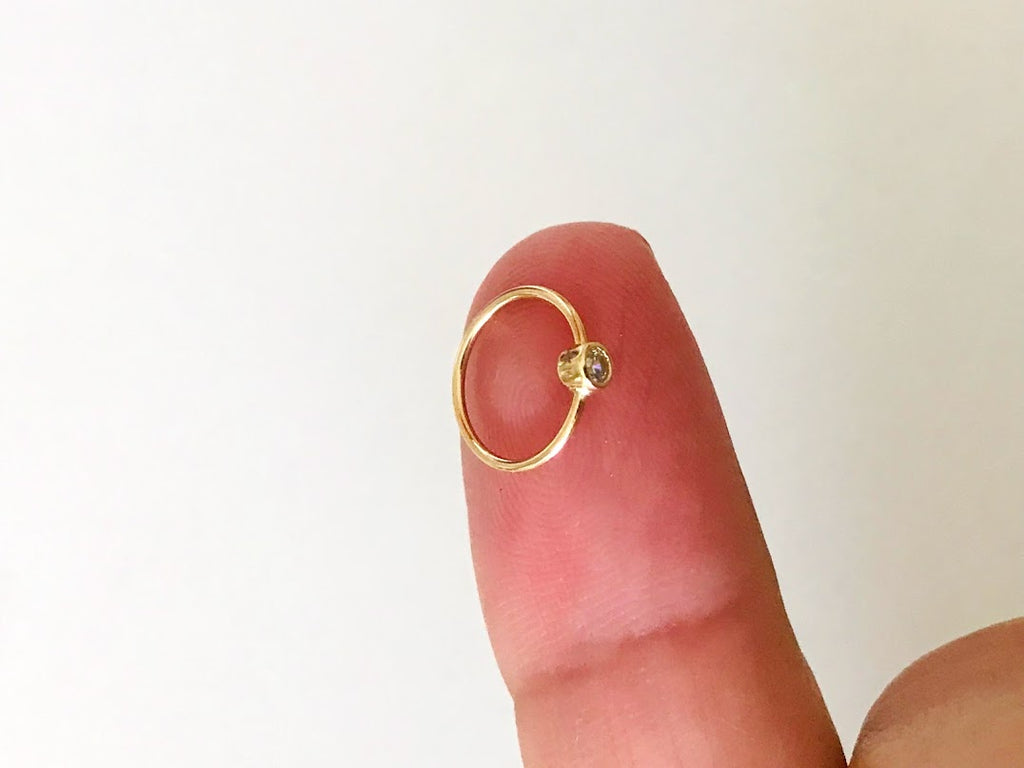 14K Yellow Gold, Hoop with Tiny Bezel Nose Ring, Yellow Gold Nose Ring, Hoop Nose Ring