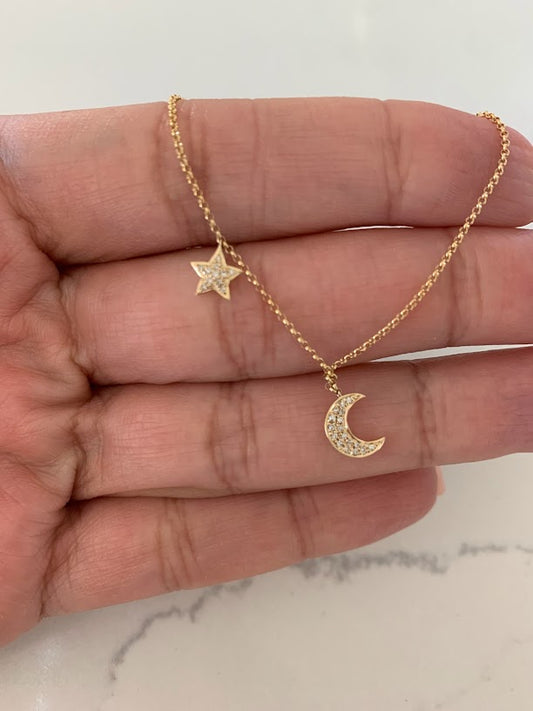 14K Gold Crescent Moon & Star Necklace with Diamonds
