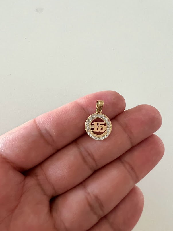 13MM 14K Solid Gold Tricolor 15th Pendant | Yellow White and Rose Gold Pendant | Quinceañera Pendant | 15th 14K Solid Gold Pendant