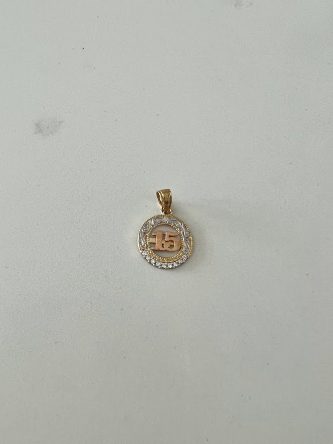 13MM 14K Solid Gold Tricolor 15th Pendant | Yellow White and Rose Gold Pendant | Quinceañera Pendant | 15th 14K Solid Gold Pendant