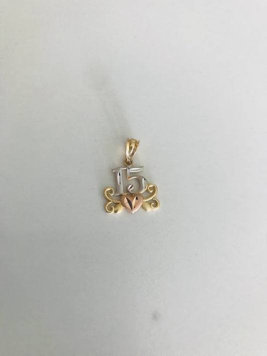 15MM 14K Solid Gold Tricolor 15th Pendant | Yellow White and Rose Gold Pendant | Quinceañera Pendant | 15th 14K Solid Gold Pendant
