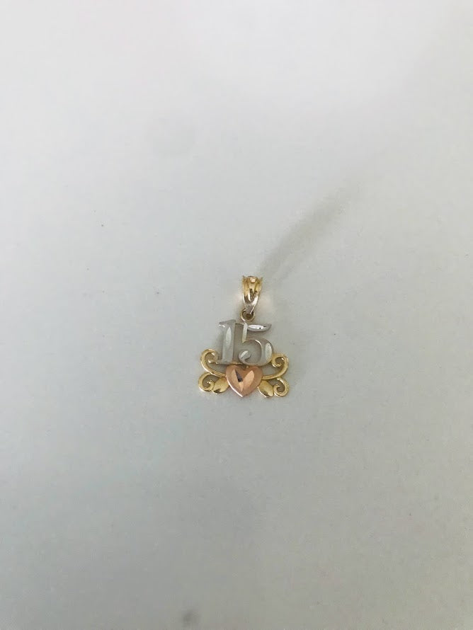 15MM 14K Solid Gold Tricolor 15th Pendant | Yellow White and Rose Gold Pendant | Quinceañera Pendant | 15th 14K Solid Gold Pendant