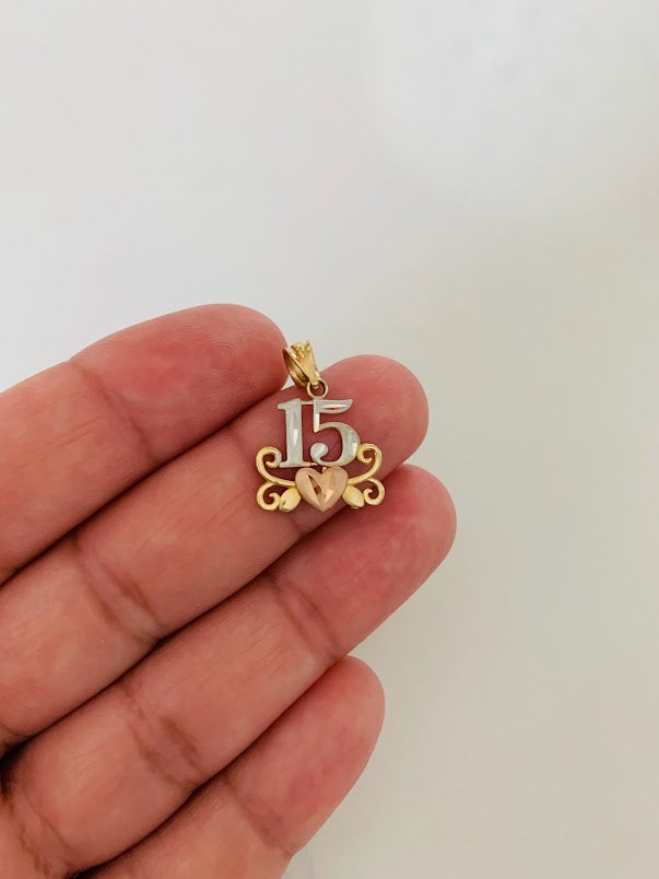 15MM 14K Solid Gold Tricolor 15th Pendant | Yellow White and Rose Gold Pendant | Quinceañera Pendant | 15th 14K Solid Gold Pendant