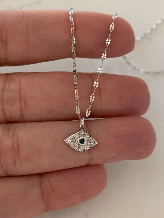 14K Sapphire & Diamonds Evil Eye Mirror Chain, 1.7mm Twisted Diamond Cut Mirror Chain, Shiny Dual Mirror, Diamond 14K Gold Evil Eye