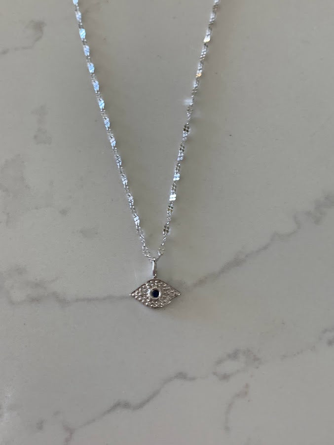 14K Sapphire & Diamonds Evil Eye Mirror Chain, 1.7mm Twisted Diamond Cut Mirror Chain, Shiny Dual Mirror, Diamond 14K Gold Evil Eye