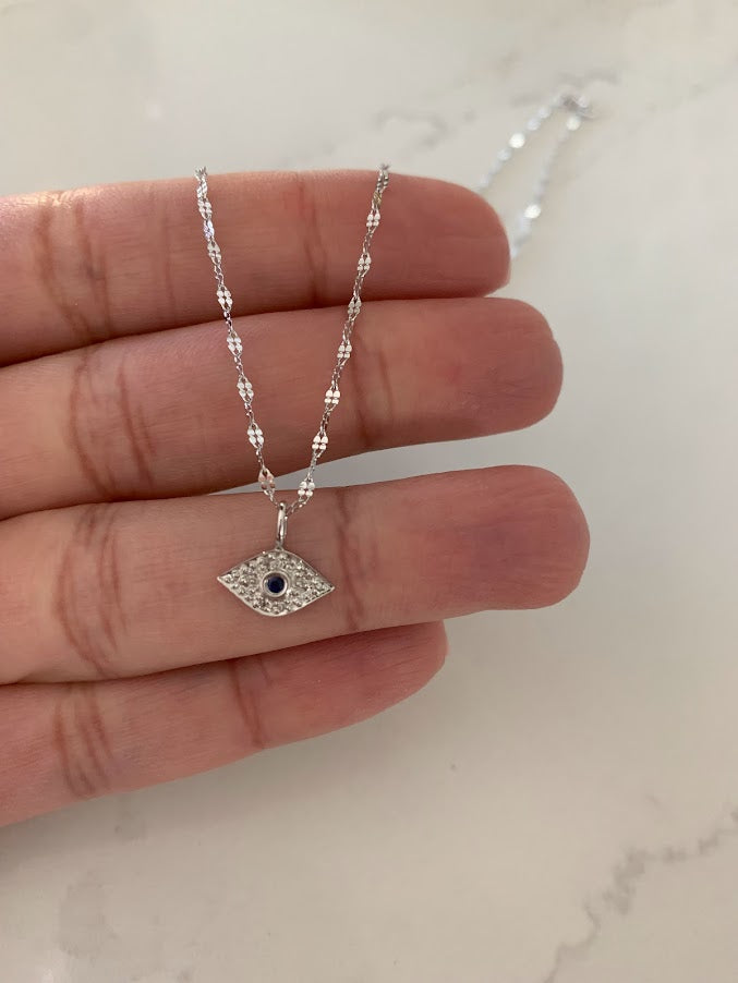 14K Sapphire & Diamonds Evil Eye Mirror Chain, 1.7mm Twisted Diamond Cut Mirror Chain, Shiny Dual Mirror, Diamond 14K Gold Evil Eye