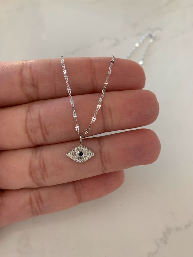 14K Sapphire & Diamonds Evil Eye Mirror Chain, 1.7mm Twisted Diamond Cut Mirror Chain, Shiny Dual Mirror, Diamond 14K Gold Evil Eye