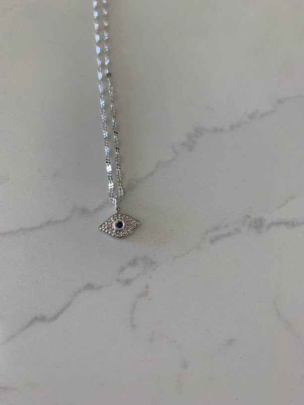 14K Sapphire & Diamonds Evil Eye Mirror Chain, 1.7mm Twisted Diamond Cut Mirror Chain, Shiny Dual Mirror, Diamond 14K Gold Evil Eye