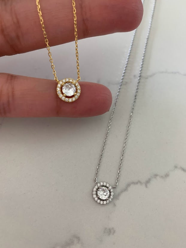 9MM Solitaire Cubic Zirconia Necklace, Stacking, Dainty, Delicate CZ Necklace, Gold CZ Solitaire, Everyday Necklace, Layering