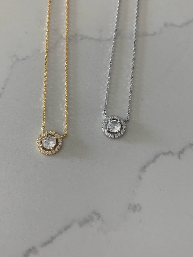 9MM Solitaire Cubic Zirconia Necklace, Stacking, Dainty, Delicate CZ Necklace, Gold CZ Solitaire, Everyday Necklace, Layering