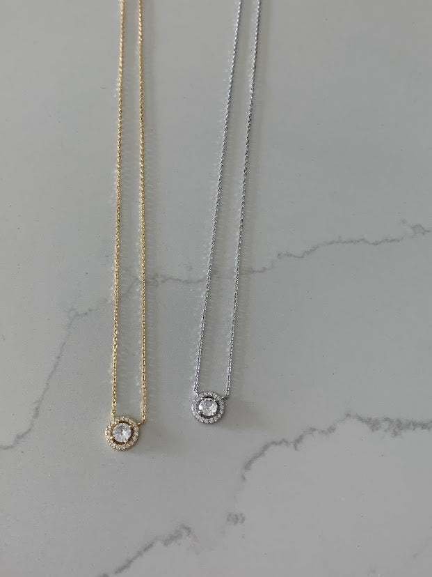 9MM Solitaire Cubic Zirconia Necklace, Stacking, Dainty, Delicate CZ Necklace, Gold CZ Solitaire, Everyday Necklace, Layering