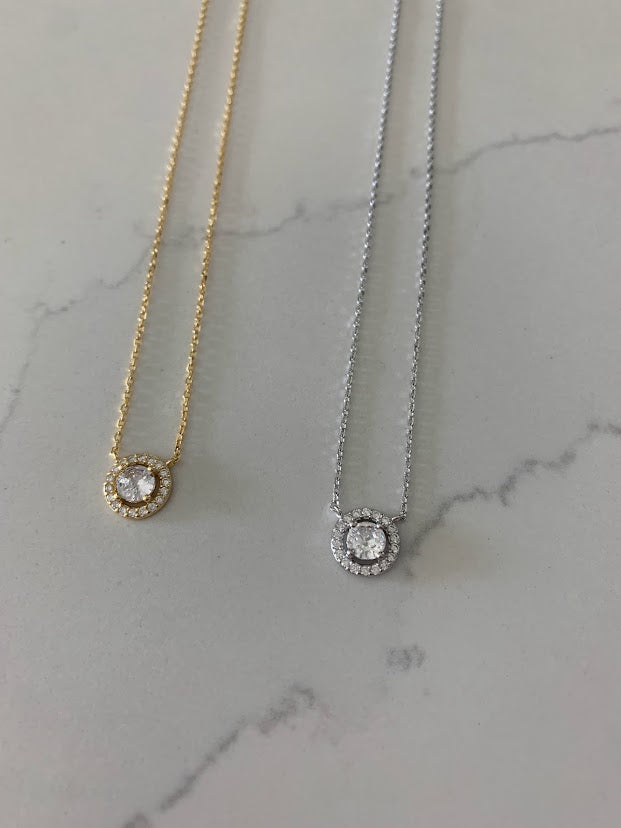 9MM Solitaire Cubic Zirconia Necklace, Stacking, Dainty, Delicate CZ Necklace, Gold CZ Solitaire, Everyday Necklace, Layering