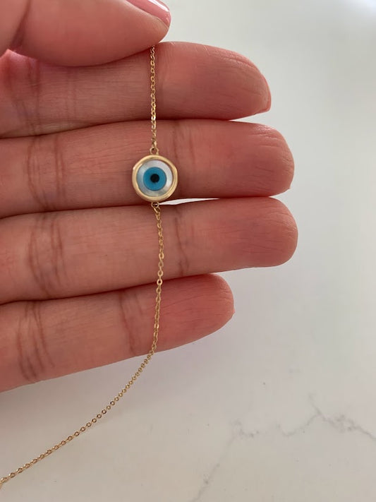 14K Gold Evil Eye Bracelet , Mother of Pearl Evil Eye, 9mm Round Eye, 7" + 1" in Length, Spring Clasp, Dainty Chain Bracelet