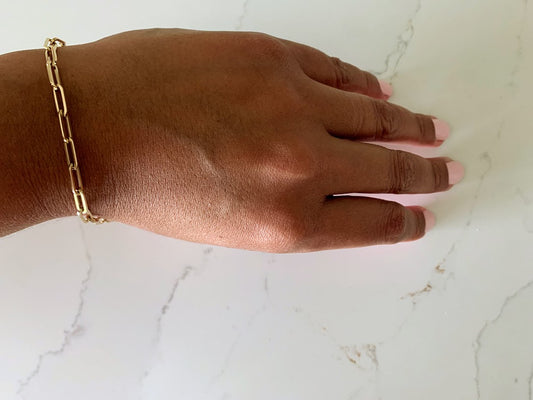 14K Gold Paperclip Bracelet, Square Shape Solid Gold, Gift For Her, 7" long 4x11MM Wide, Real Gold Bracelet, Lightweight, Women, Hollow