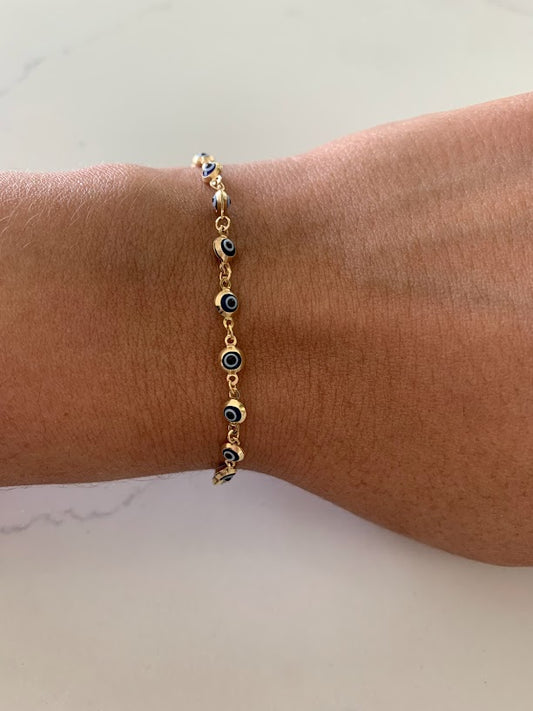 14K Gold Evil Eye Bracelet , Blue Evil Eye, 3mm Eye Diameter, 7" Length, Lobster Clasp, Dainty Bracelet