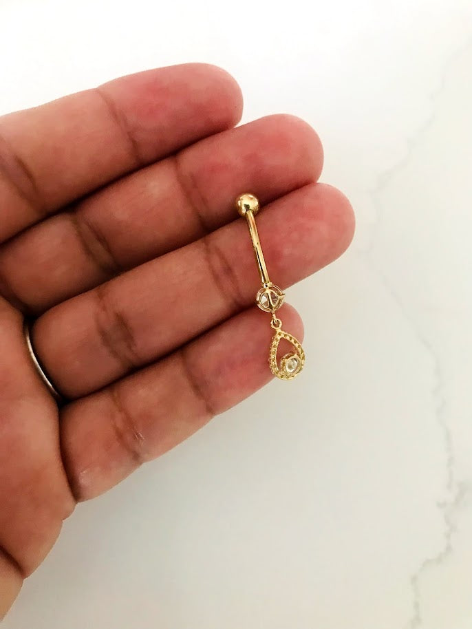 10K Solid Gold | CZ Drop Belly Button Ring | Navel Piercing |Belly Barbell | Belly Button Jewelry | CZ Belly Button Piercing