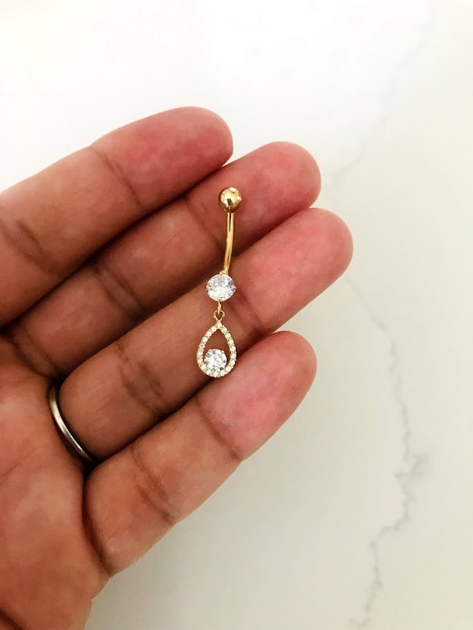 10K Solid Gold | CZ Drop Belly Button Ring | Navel Piercing |Belly Barbell | Belly Button Jewelry | CZ Belly Button Piercing