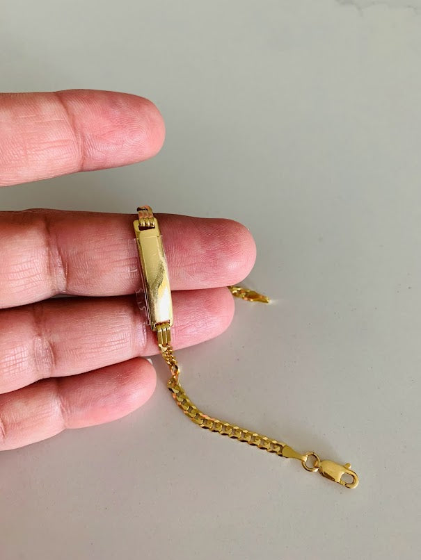 14K Yellow Gold ID Bracelet , Cuban Link Bracelet, 5MM Width by 25MM Plate, 3MM Width by 6" in Length, Lobster Clasp, Kids Bracelet