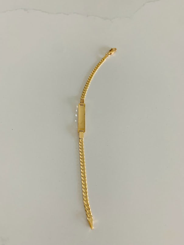 14K Yellow Gold ID Bracelet , Cuban Link Bracelet, 5MM Width by 25MM Plate, 3MM Width by 6" in Length, Lobster Clasp, Kids Bracelet